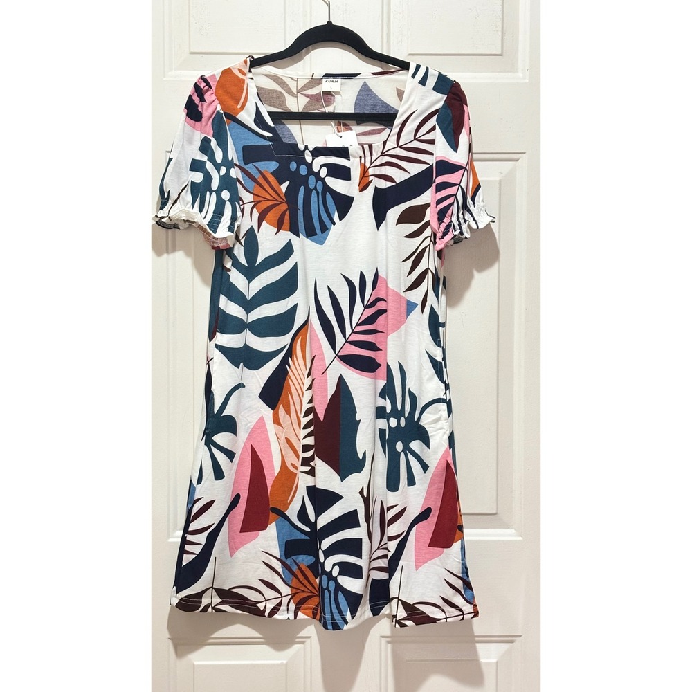 Rumia Womens Tropical Leaf Print Mini Dress Short Ruffle Sleeve Multicolor L NEW